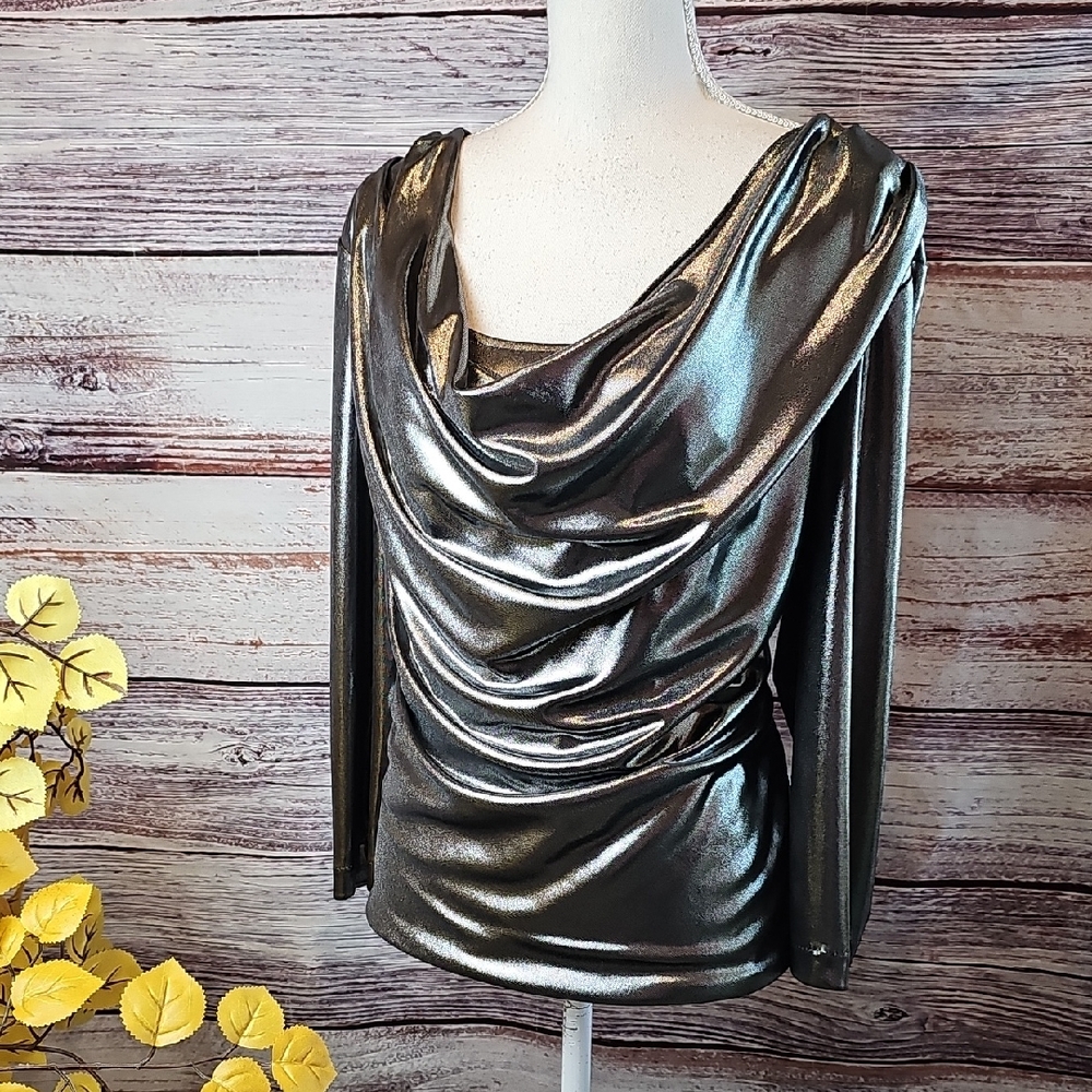 NEW JACKIE JON SILVER METALLIC DRAPED NECK LONG SLEEVE PULLOVER BLOUSE - Picture 1 of 11
